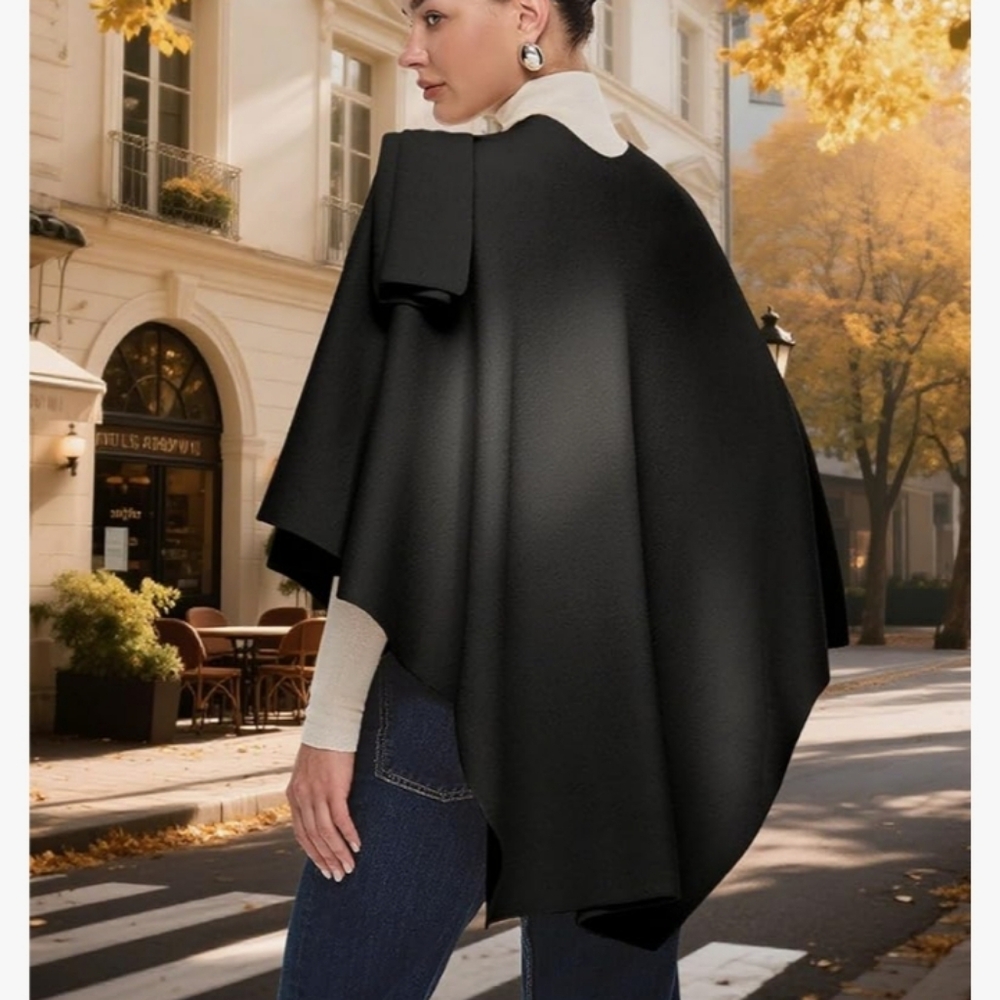 PULI Women's Large Cross Front Poncho Black EUC One Size - Picture 3 of 4